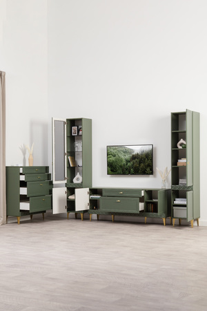 Гостиная Марион композиция 1 дымчатый зеленый K521, олива шагрень AG 1050 ПВХ, белый PE шагрень (собирается на любую сторону)