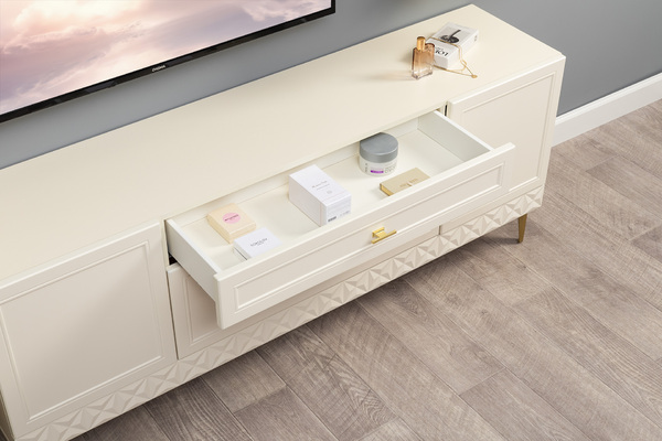 Гостиная Марион композиция 1 слоновая кость С341 PE, слоновая кость 6898 ПВХ, белый PE шагрень (собирается на любую сторону)