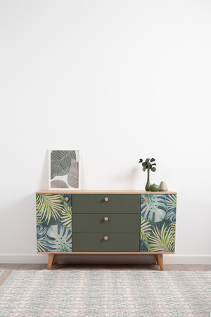 Комод Маттиас 16.245 дымчатый зеленый K521, гикори рокфорд натуральный KO86 PW, белый PE шагрень, фотопечать