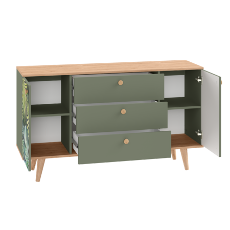 Комод Маттиас 16.245 дымчатый зеленый K521, гикори рокфорд натуральный KO86 PW, белый PE шагрень, фотопечать