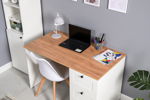 Стол письменный Остин 12.159 белый PE шагрень, дуб золотой CRAFT, белая шагрень 4101 ПВХ, сборка на любую сторону