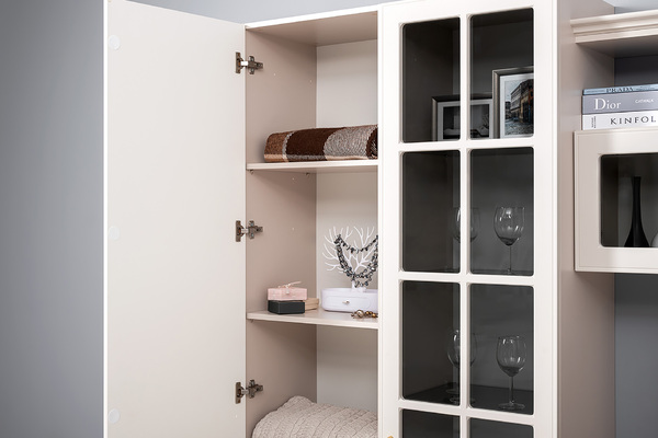 Гостиная Ричфорд композиция 1 с карнизами, кашемир 5981 BS, моно керамика D166-2 ПВХ, белый PE шагрень (собирается на любую сторону)